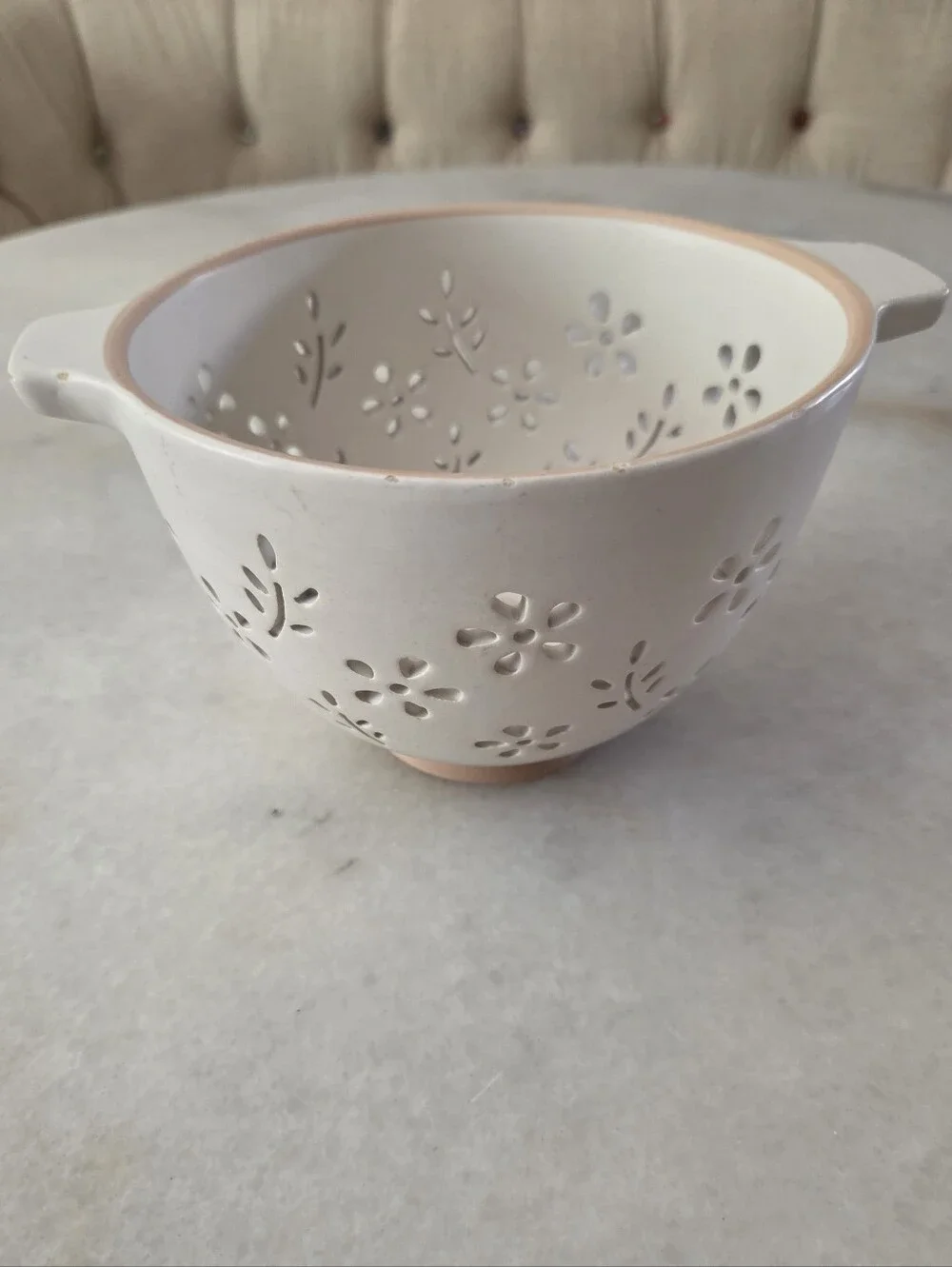 White Ceramic Floral-Colander Bowl with Handles